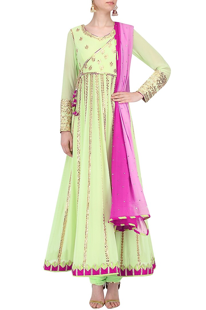 Green Gota embroidered angrakha kalidaar set available only at Pernia's Pop Up Shop.