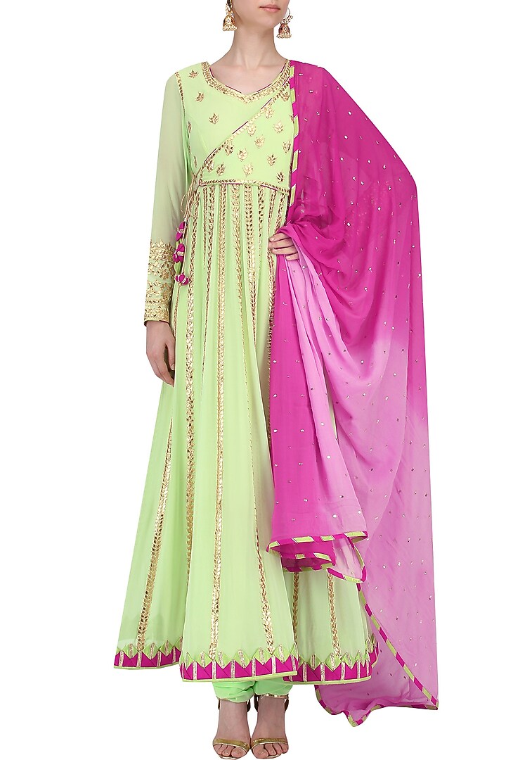 Green Gota embroidered angrakha kalidaar set available only at Pernia's Pop Up Shop.