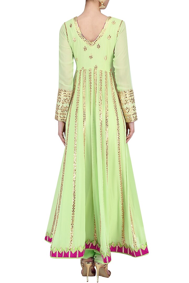 Green Gota embroidered angrakha kalidaar set available only at Pernia's Pop Up Shop.