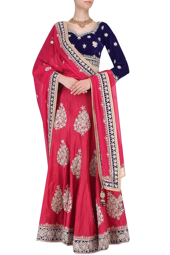 Red gota embroidered lehenga set available only at Pernia's Pop Up Shop.