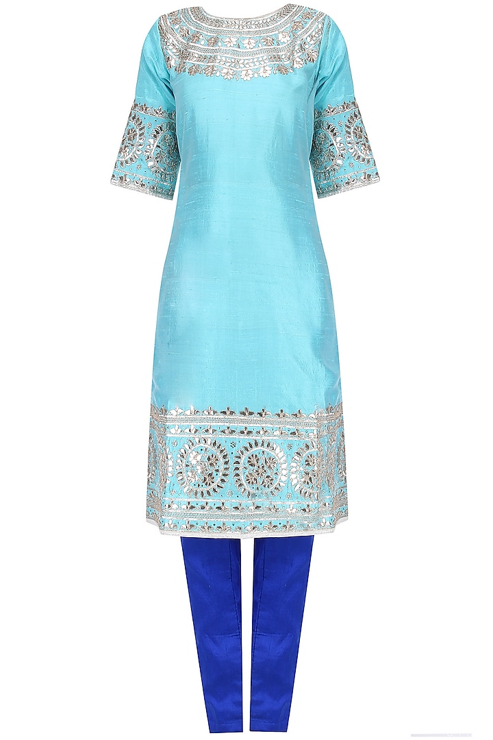 Light Blue Gota Embroidered Kurta with Pants and Ombre Dupatta Set by RANA'S by Kshitija