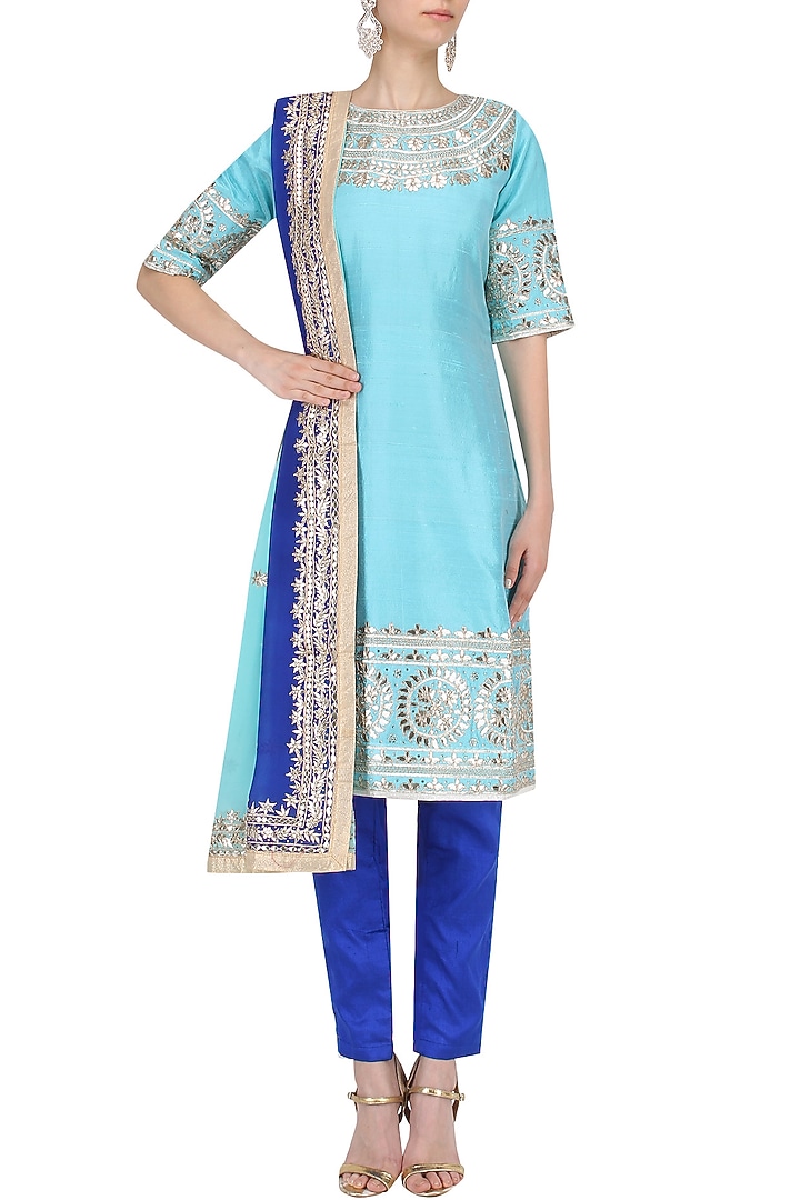 Light blue gota embroidered kurta with pants and ombre dupatta set available only at Pernia's Pop Up Shop.