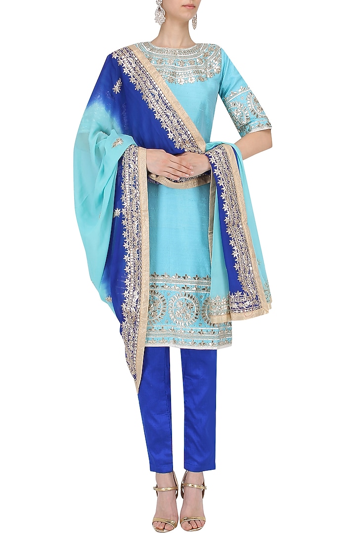 Light blue gota embroidered kurta with pants and ombre dupatta set available only at Pernia's Pop Up Shop.