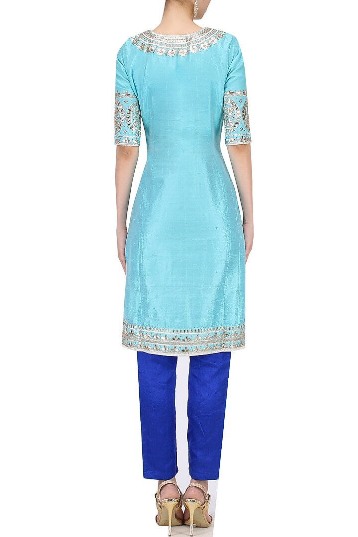 Light blue gota embroidered kurta with pants and ombre dupatta set available only at Pernia's Pop Up Shop.