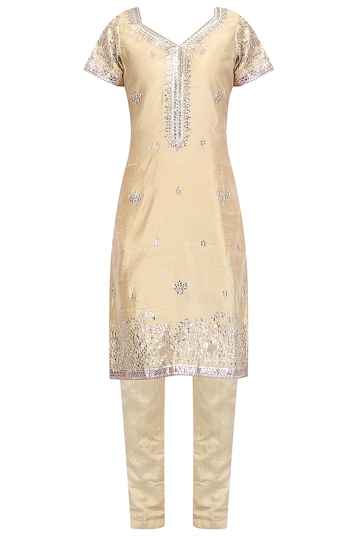 Beige Embroidered Kurta and Pants with Pink Dupatta by RANA'S by Kshitija