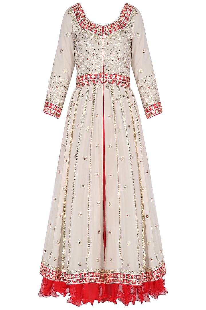 Beige gota patti work anarkali and red dupatta setavailable only at Pernia's Pop Up Shop.