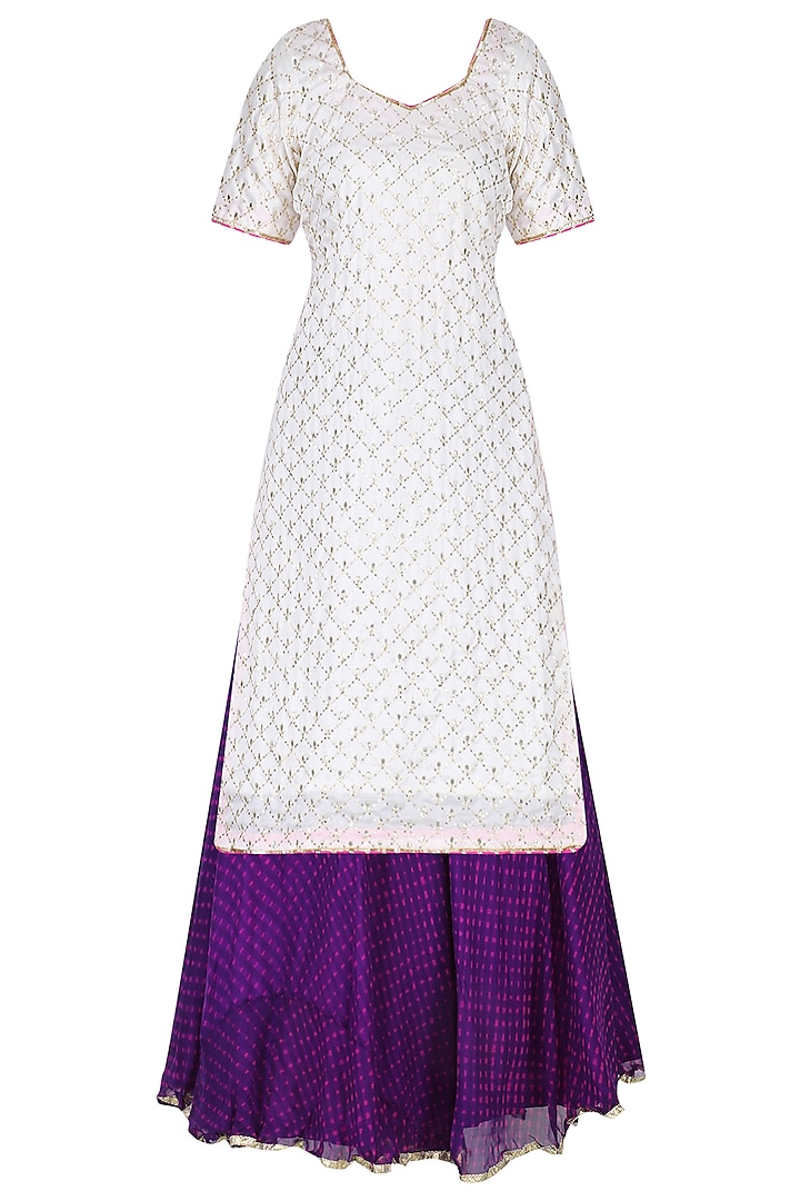White Gota and Aari Work Kurta and Purple Skirt Set by RANA'S by Kshitija