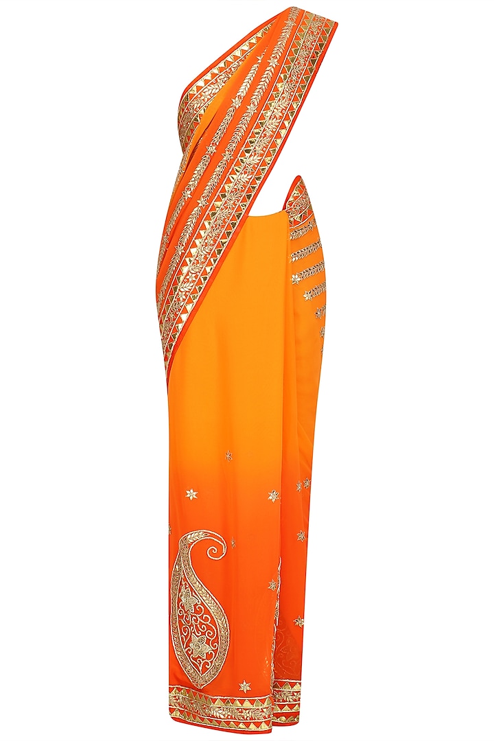 Orange Gota and Zardozi Embroidered Saree, Blouse and Petticoat Set by RANA'S by Kshitija