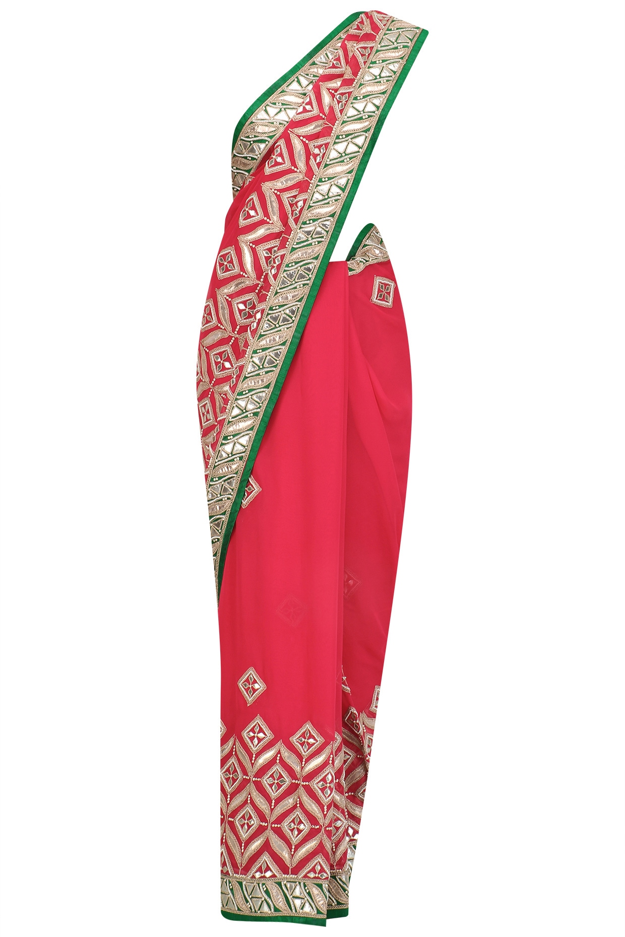 GREEN & WHITE LEHERIYA SAREE WITH GOTA PATTI BORDER ON PALLU - Knotty  Knitters