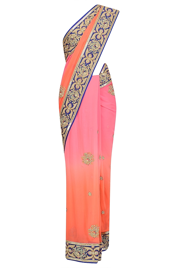 Peach and Pink Zardozi Hand Work Ombre Saree and Blouse Set by RANA'S by Kshitija