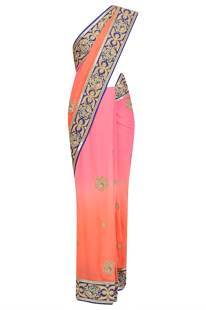 Peach and pink zardozi hand work ombre saree and blouse setavailable only at Pernia's Pop Up Shop.