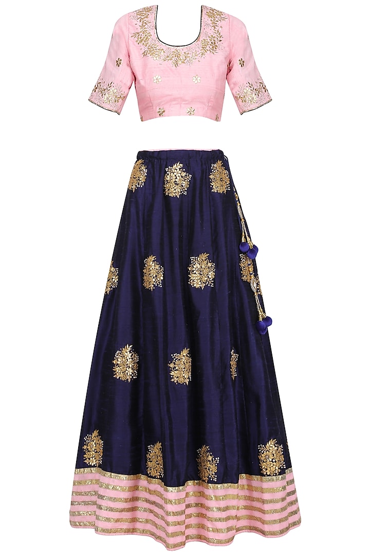 Deep Blue and Pink Embroidered Lehenga Set by RANA'S by Kshitija