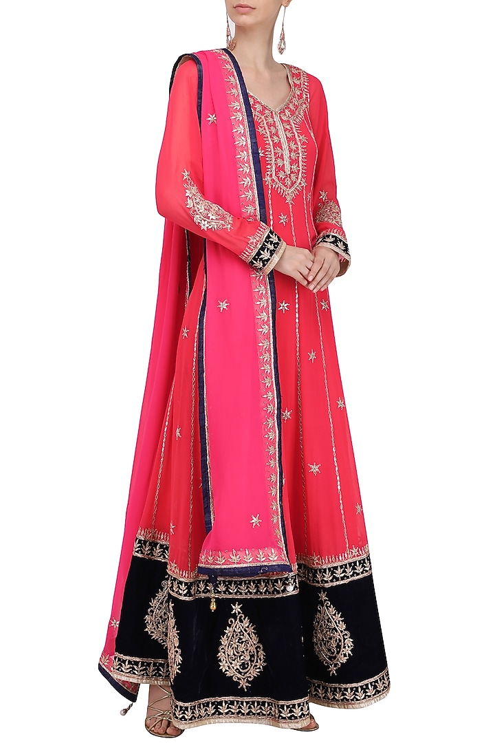 Red and black embroidered anarkali set available only at Pernia's Pop Up Shop.