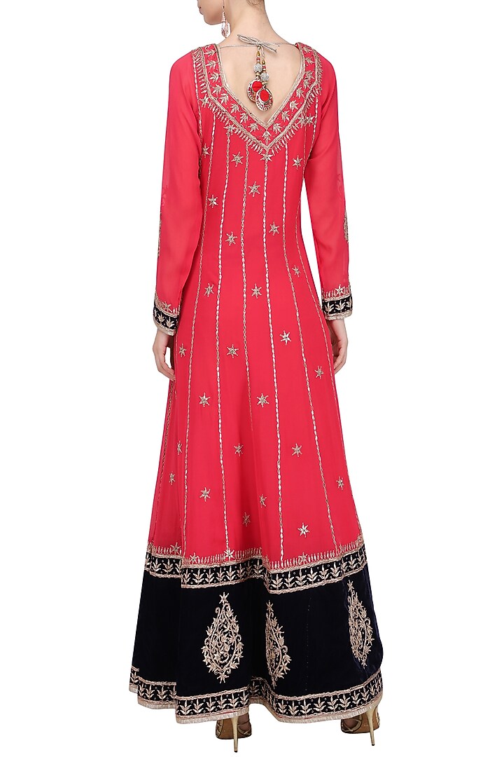 Red and black embroidered anarkali set available only at Pernia's Pop Up Shop.