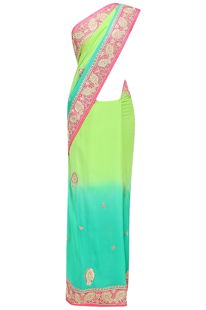 Sea Green and Blue Ombre Shaded Embroidered Saree and Blouse Set by RANA'S by Kshitija