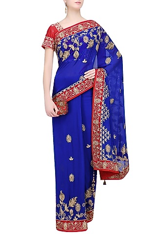 Royal Blue Embroidered Saree and Red Blouse Set by RANA'S by Kshitija