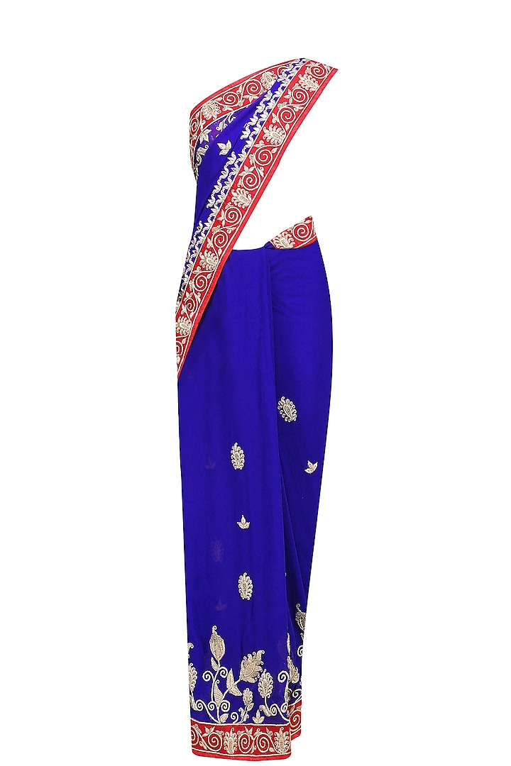 Royal Blue Embroidered Saree and Red Blouse Set by RANA'S by Kshitija