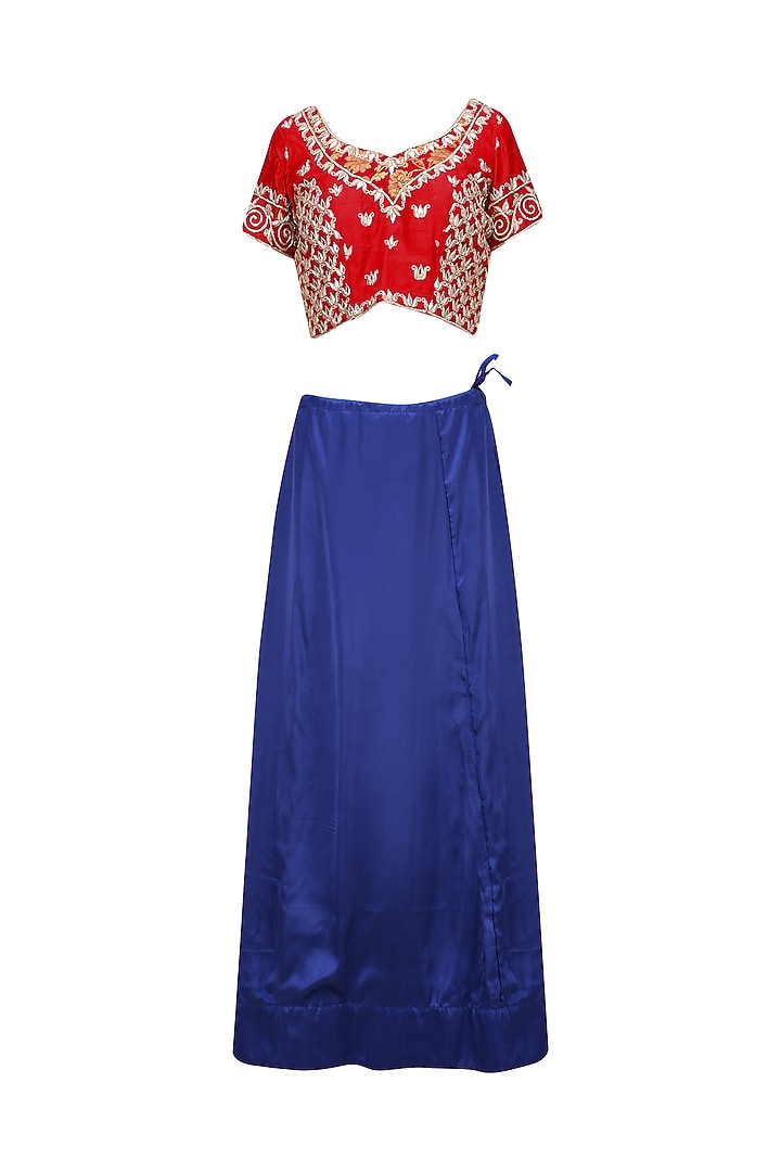 Royal blue embroidered saree and red blouse set available only at Pernia's Pop Up Shop.