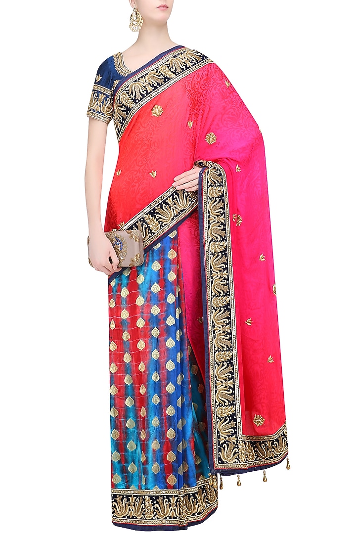Royal blue and red shaded shibori and jacquard saree with blue blouse available only at Pernia's Pop Up Shop.