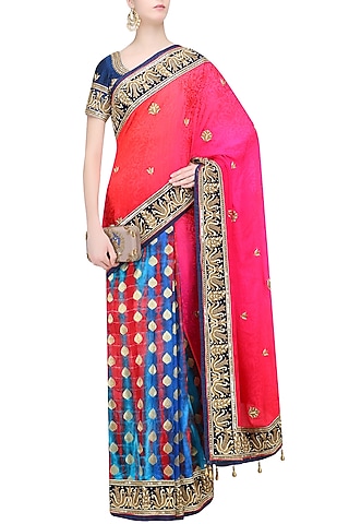Royal Blue & Red Banarasi Silk Shibori Dyed Saree Set by RANA'S by Kshitija