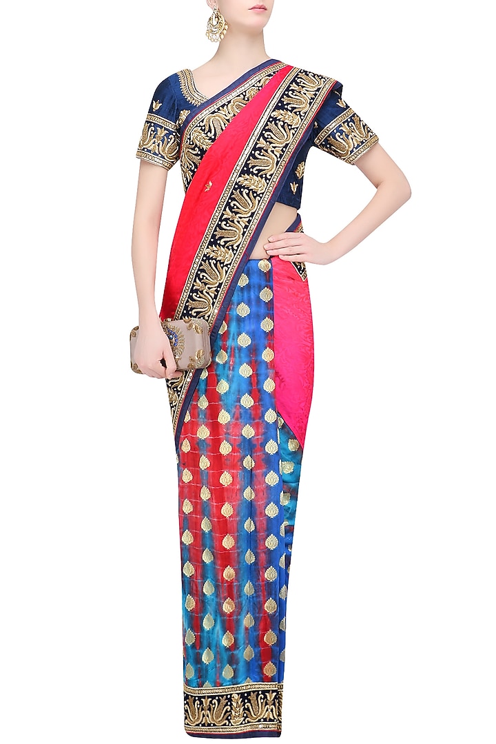 Royal blue and red shaded shibori and jacquard saree with blue blouse available only at Pernia's Pop Up Shop.