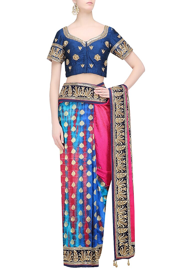 Royal blue and red shaded shibori and jacquard saree with blue blouse available only at Pernia's Pop Up Shop.