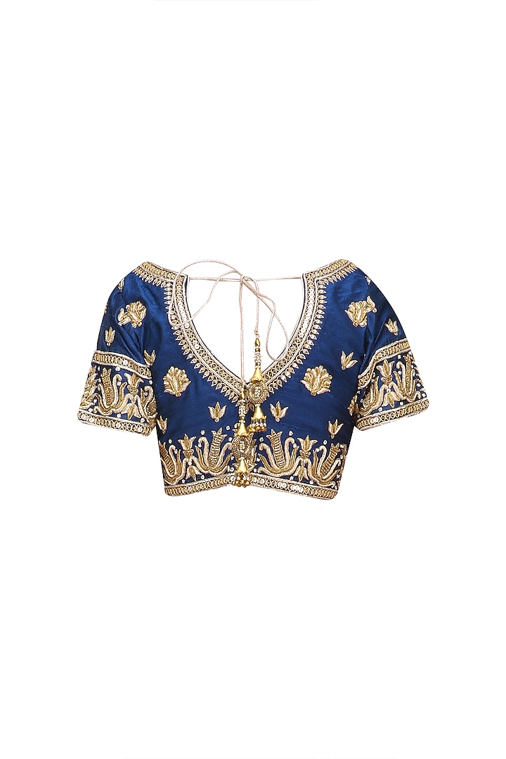 Royal blue and red shaded shibori and jacquard saree with blue blouse available only at Pernia's Pop Up Shop.