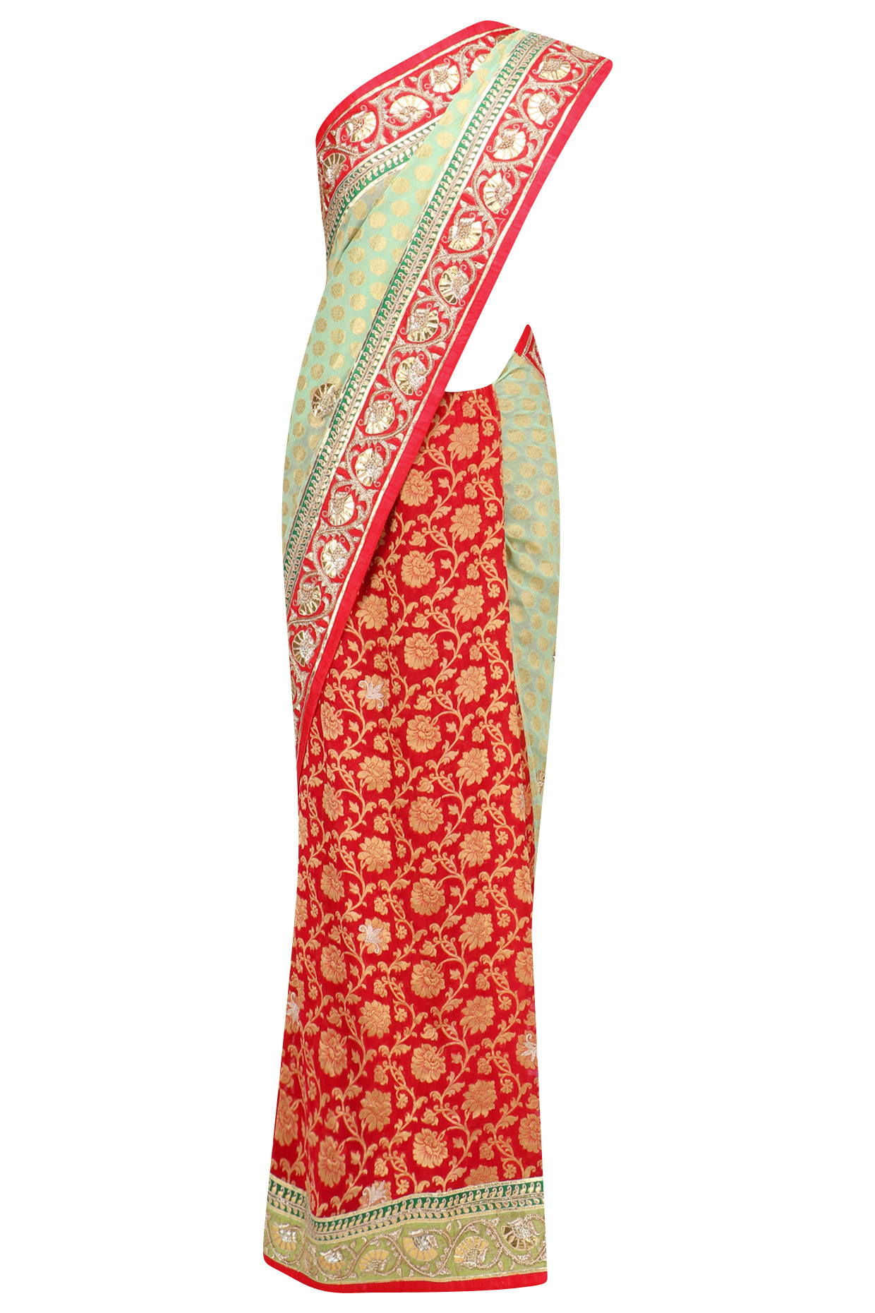 Green and red banarasi half and half saree with red blouse available only at Pernia's Pop Up Shop.