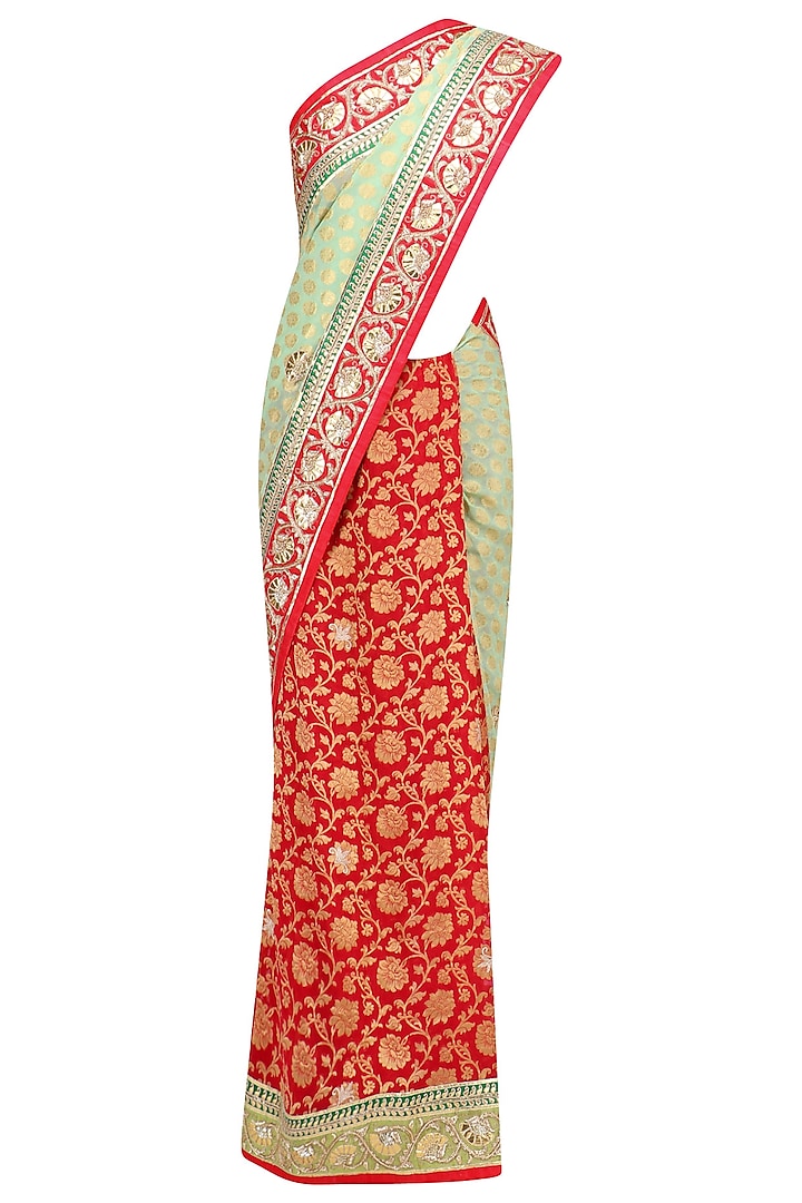 Green & Red Banarasi Georgette Zardosi Embroidered Saree Set by RANA'S by Kshitija