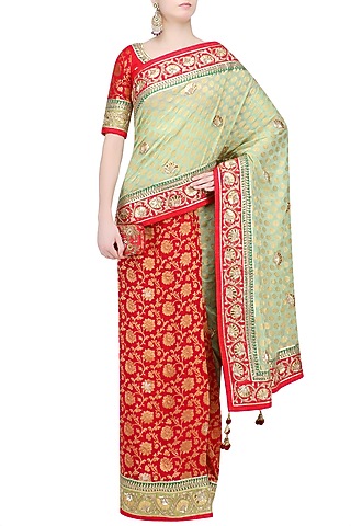 Green & Red Banarasi Georgette Zardosi Embroidered Saree Set by RANA'S by Kshitija