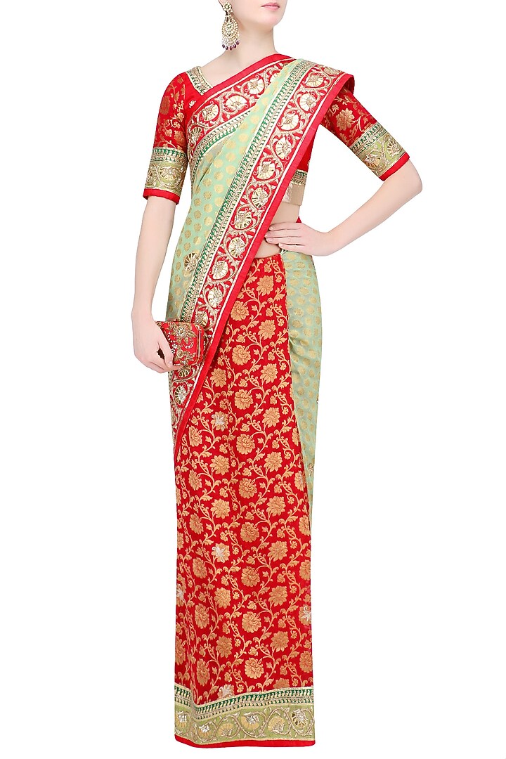 Green and red banarasi half and half saree with red blouse available only at Pernia's Pop Up Shop.
