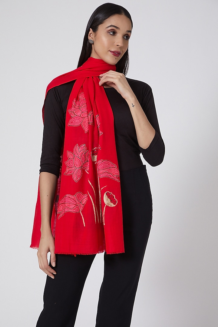 Red Hand Embroidered Stole by Kstory