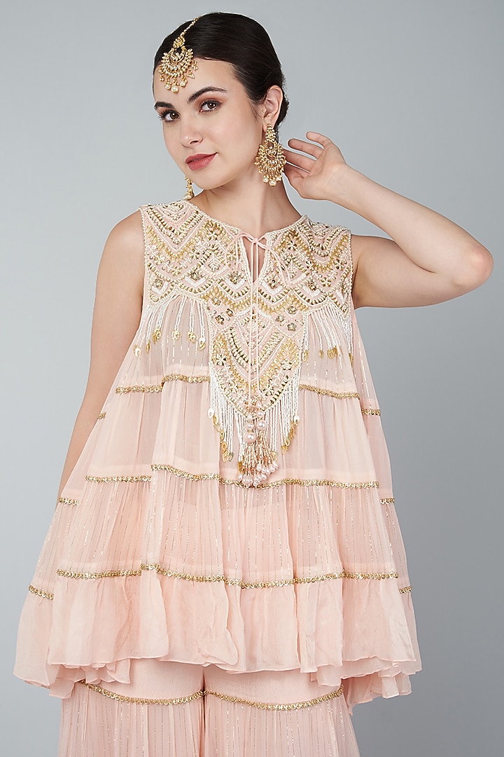 Blush Pink Georgette Embroidered Tunic Set by Keith Gomes at Pernia's Pop Up Shop