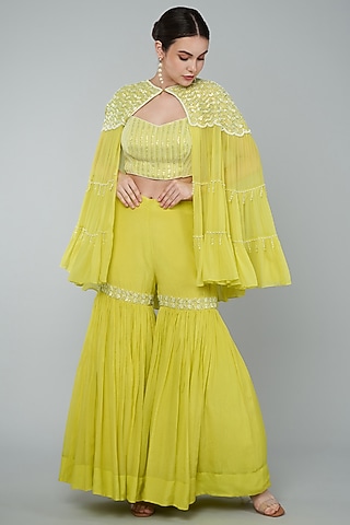 Yellow Chiffon Crepe Embroidered Gharara Set by Keith Gomes