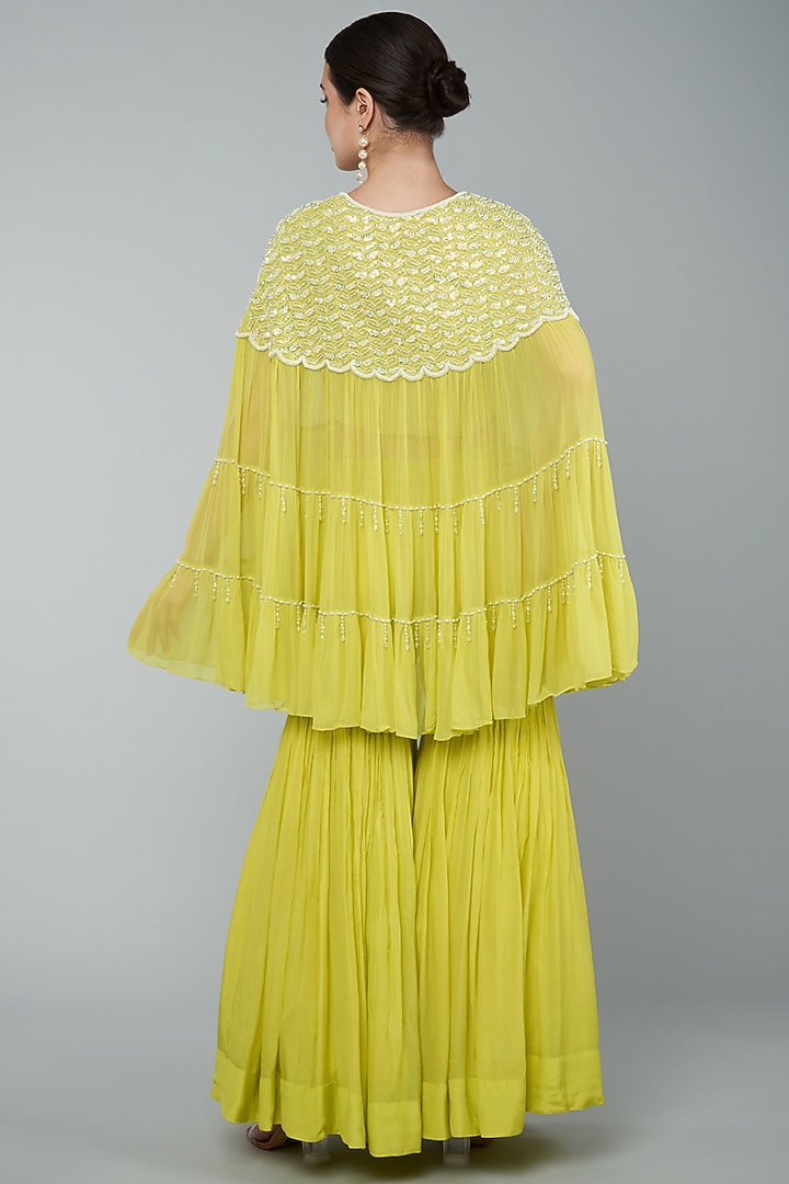 Yellow Chiffon Crepe Embroidered Gharara Set by Keith Gomes at Pernia's Pop Up Shop