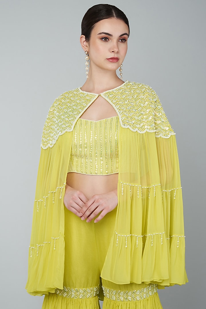 Yellow Chiffon Crepe Embroidered Gharara Set by Keith Gomes at Pernia's Pop Up Shop
