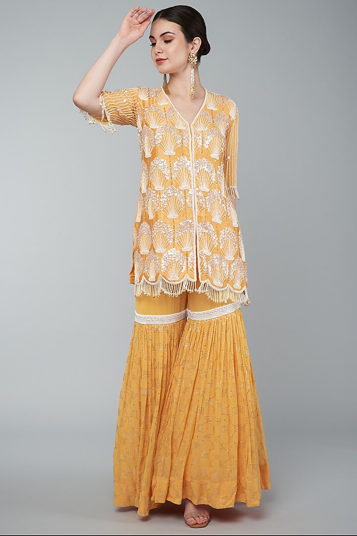 Orange Georgette Embroidered Gharara Set by Keith Gomes at Pernia's Pop Up Shop