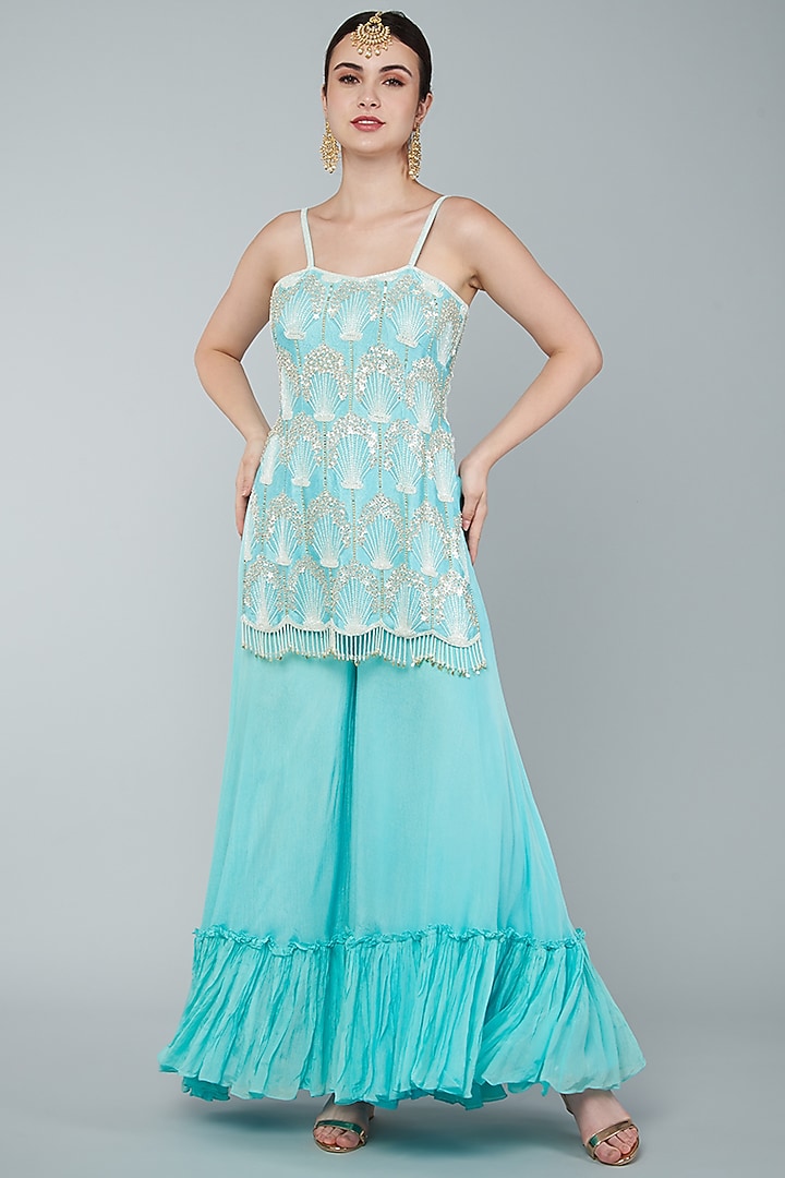 Turquoise Chiffon Crepe Wedding Sharara Set by Keith Gomes at Pernia's Pop Up Shop