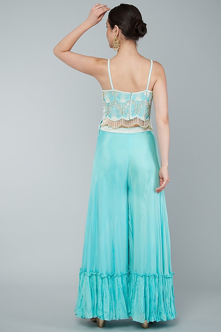 Turquoise Chiffon Crepe Wedding Sharara Set by Keith Gomes at Pernia's Pop Up Shop
