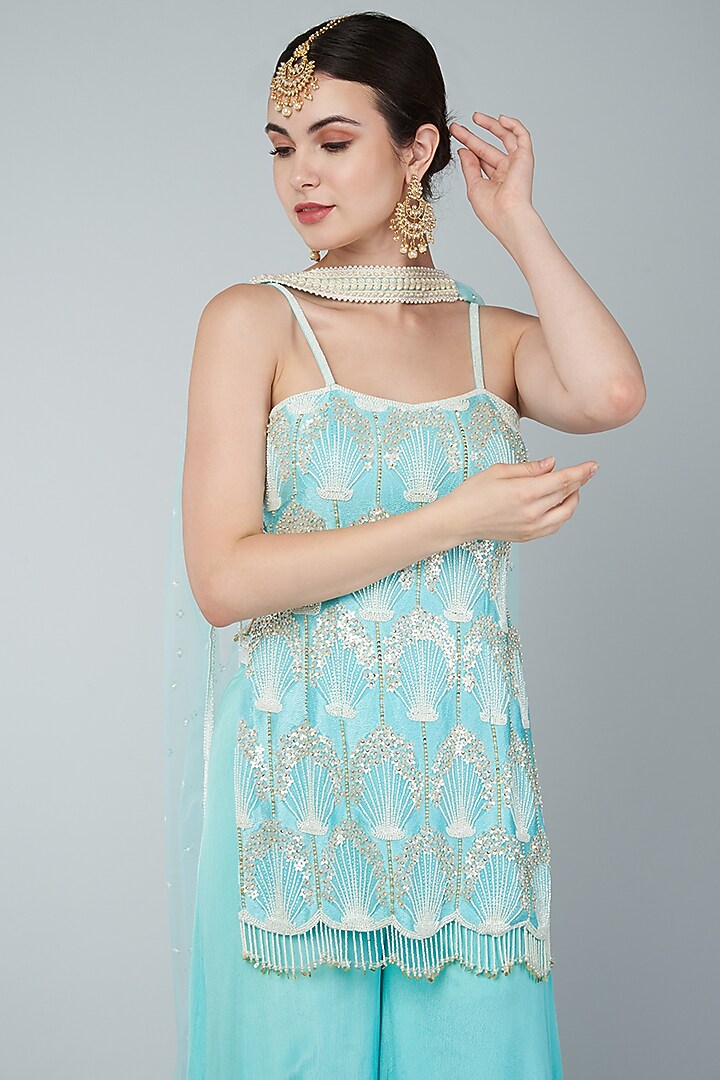 Turquoise Chiffon Crepe Wedding Sharara Set by Keith Gomes at Pernia's Pop Up Shop