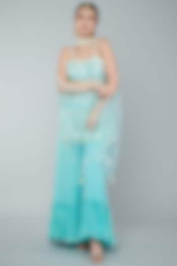 Turquoise Chiffon Crepe Sharara Set by Keith Gomes