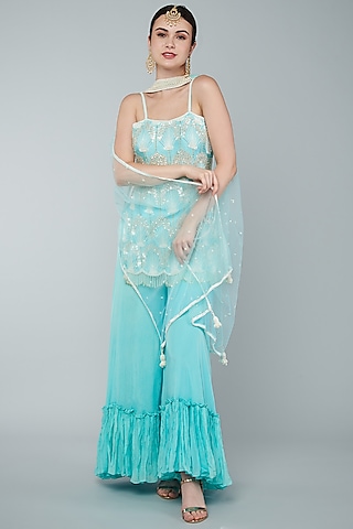Turquoise Chiffon Crepe Sharara Set by Keith Gomes