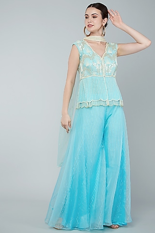Turquoise Organza Sharara Set by Keith Gomes
