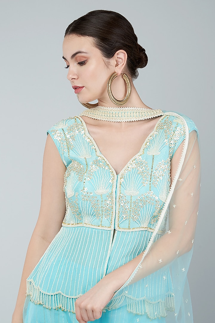 Turquoise Organza Wedding Sharara Set by Keith Gomes at Pernia's Pop Up Shop
