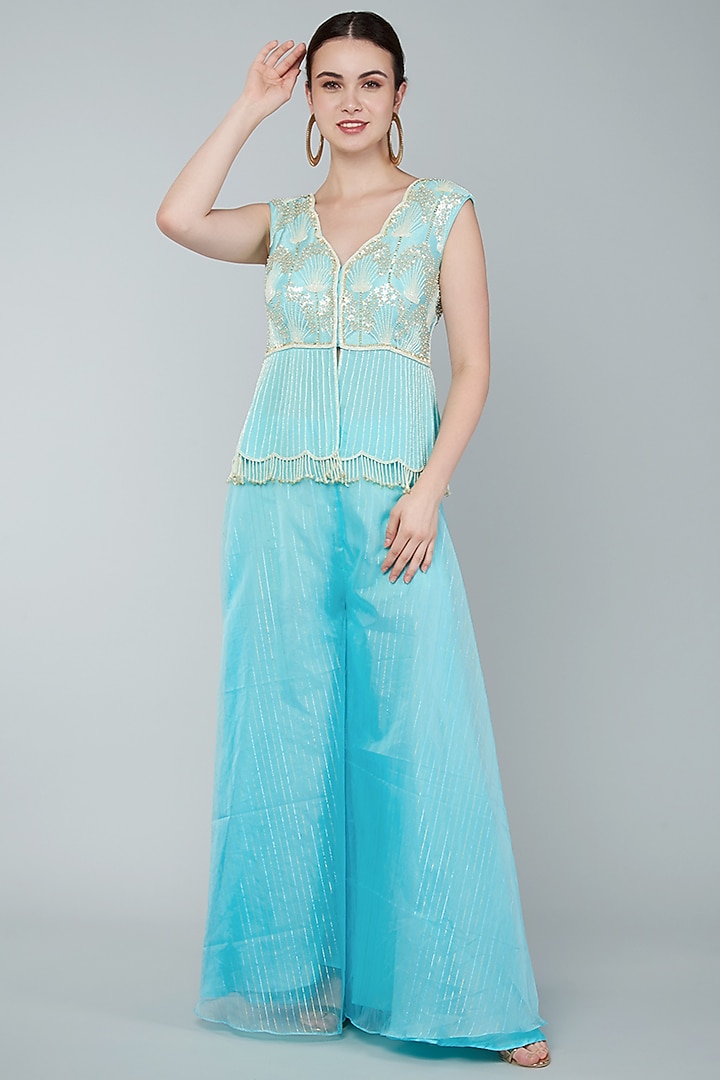 Turquoise Organza Wedding Sharara Set by Keith Gomes at Pernia's Pop Up Shop
