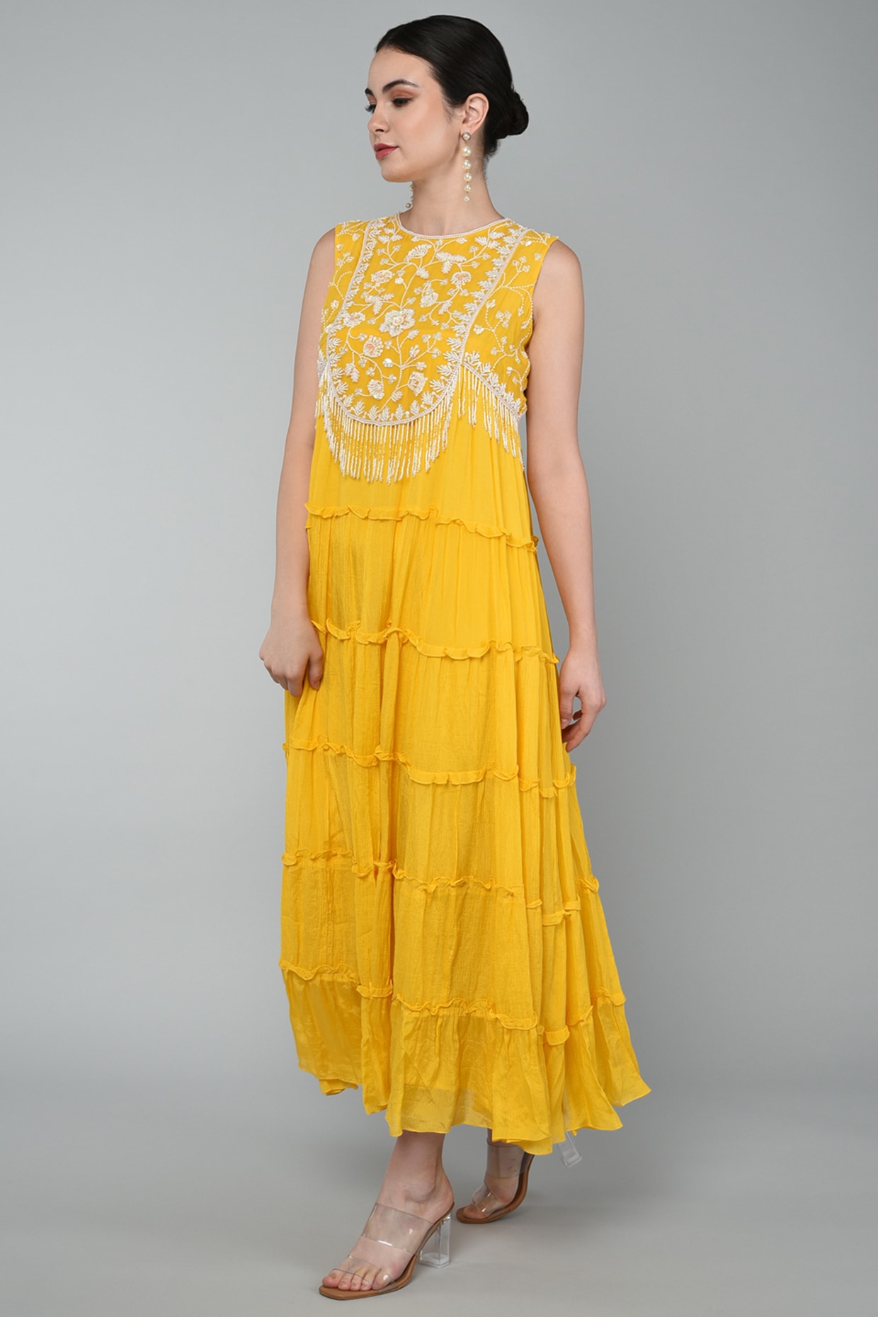 Mustard Georgette Crepe Chiffon Embroidered Dress by Keith Gomes at Pernia s Pop Up Shop