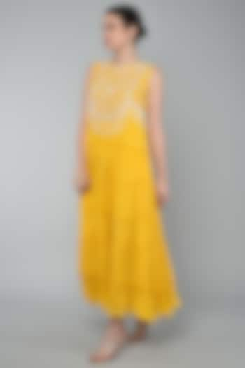 Mustard Georgette & Crepe Chiffon Embroidered Dress by Keith Gomes at Pernia's Pop Up Shop