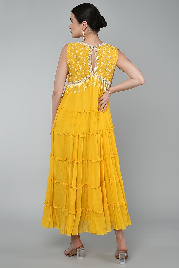 Mustard Georgette & Crepe Chiffon Embroidered Vacation Dress by Keith Gomes at Pernia's Pop Up Shop