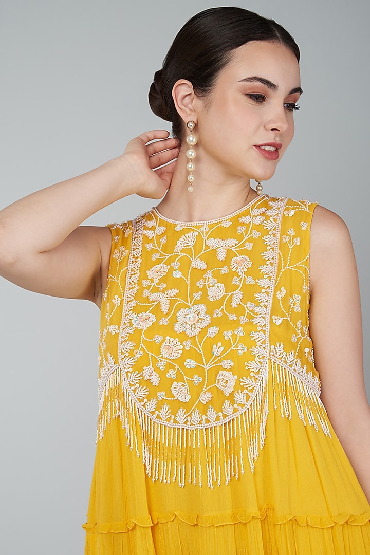 Mustard Georgette & Crepe Chiffon Embroidered Vacation Dress by Keith Gomes at Pernia's Pop Up Shop