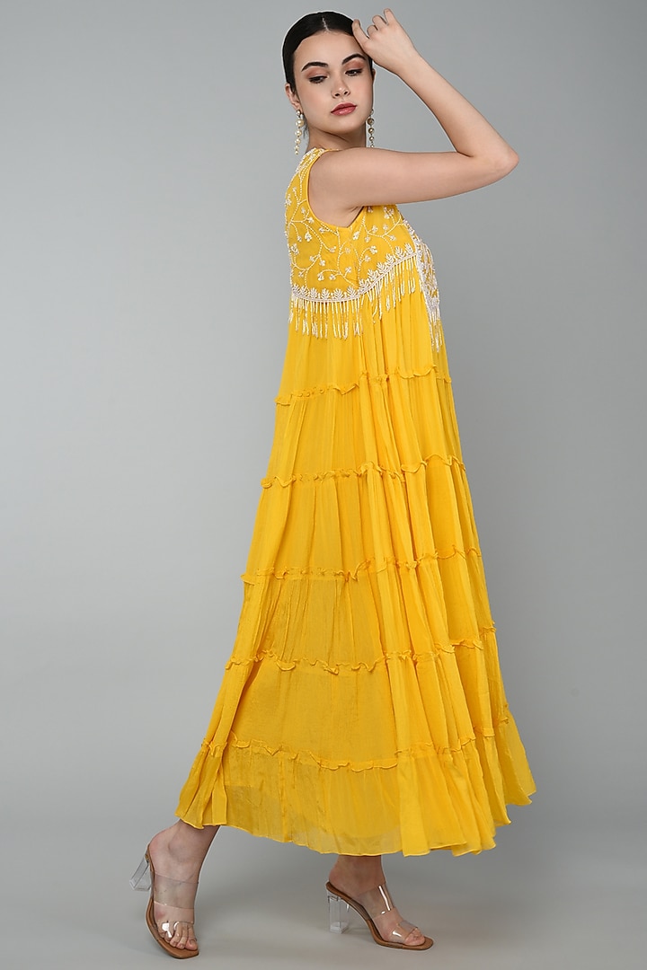 Mustard Georgette & Crepe Chiffon Embroidered Vacation Dress by Keith Gomes at Pernia's Pop Up Shop